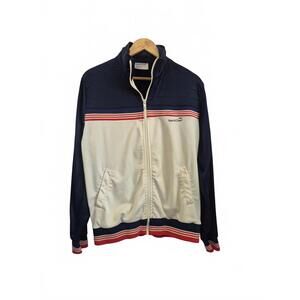 Track & Court Vintage Mens Navy Cream Color Block Track Jacket Zip Front Pockets